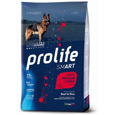 prolife dog smart medium large adult manzo e riso 12 kg beef