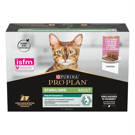 purina pro plan cat adult sterilised maintenance lattina 12x85 gr terrine con tonno e salmone