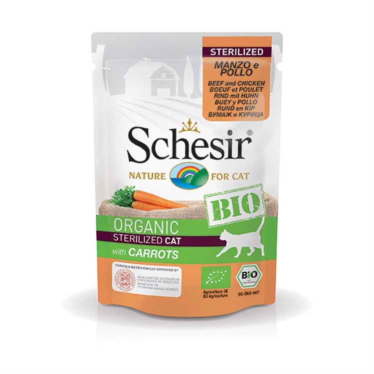 SCHESIR CAT Bio Organic Adult Sterilized Manzo e Pollo con Carote 85 gr