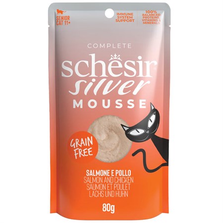 silver senior cat salmone e pollo mousse
